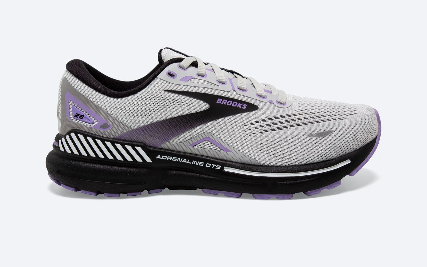 Women's Brooks Adrenaline GTS 23, Grey/Black/Purple, 7.5 2E Extra Wide