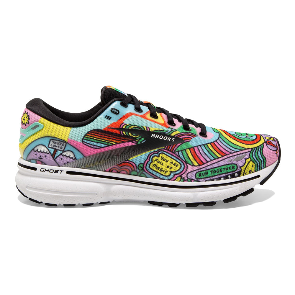 Women's Brooks Ghost 15, Black/White/Multi, 11 B Medium
