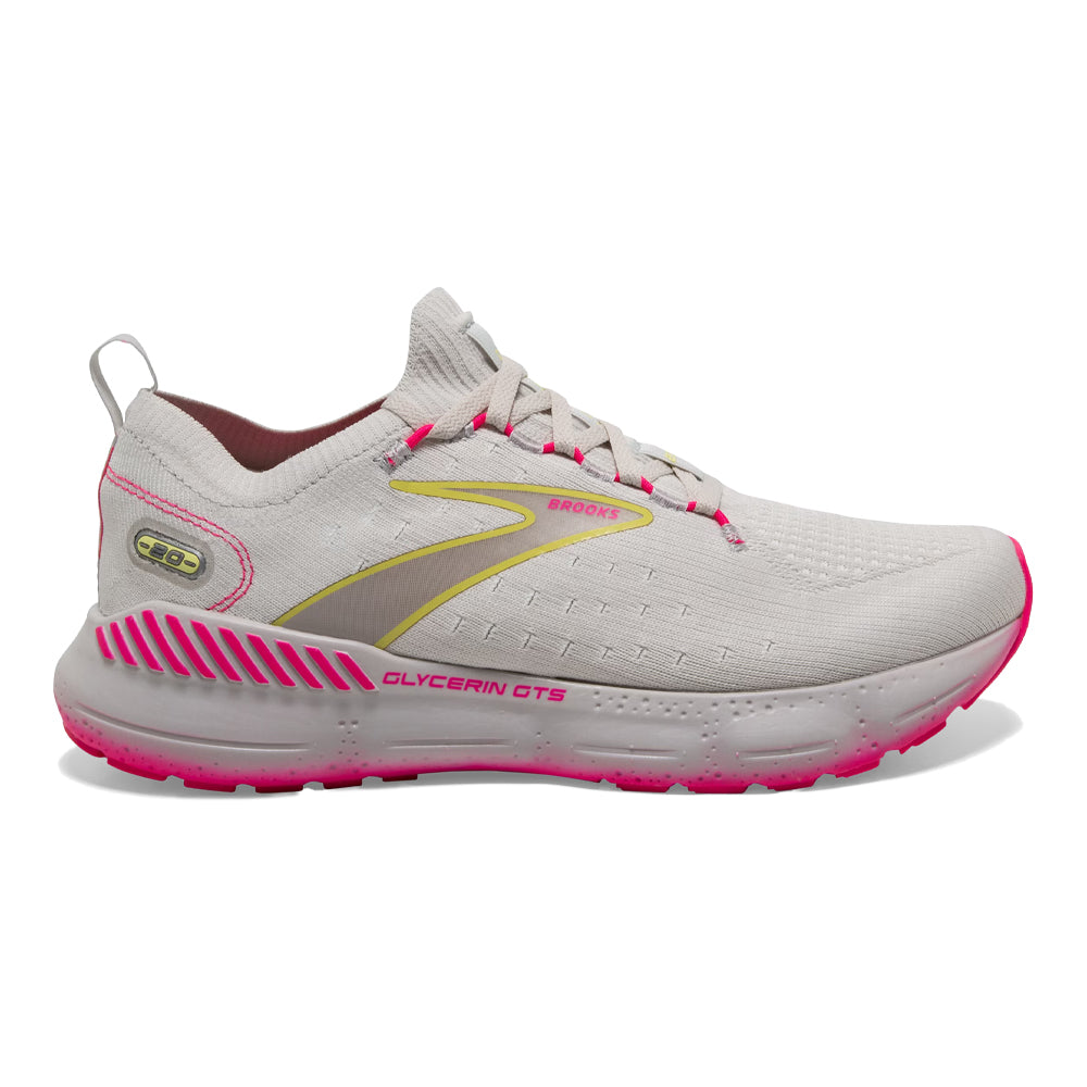 Women's Brooks Glycerin StealthFit GTS 20, Grey/Yellow/Pink, 8.5 B Medium
