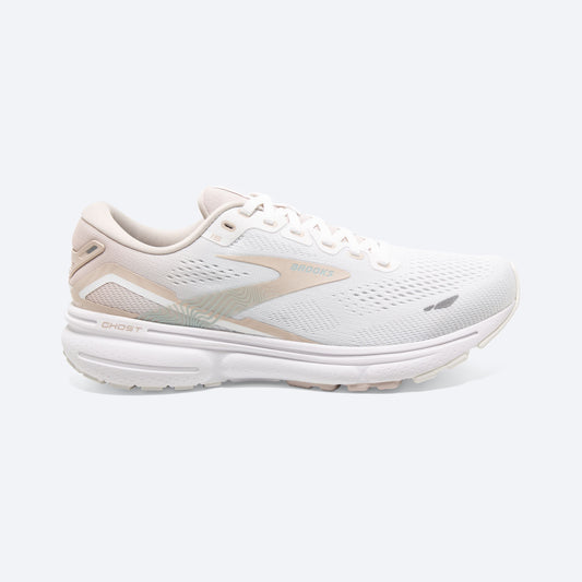 Women's Brooks Ghost 15, White/Crystal Grey/Glass, 8 B Medium