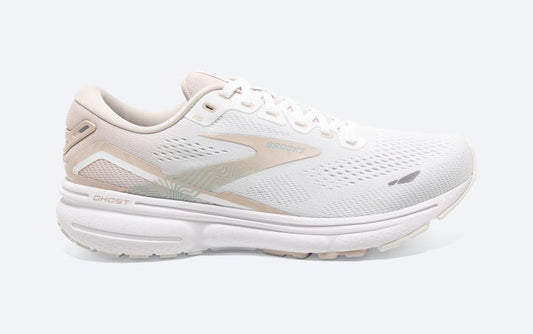 Women's Brooks Ghost 15, White/Crystal Grey/Glass, 6.5 B Medium