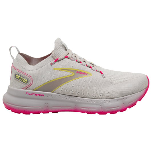 Women's Brooks Glycerin StealthFit 20, Grey/Yellow/Pink, 9 B Medium