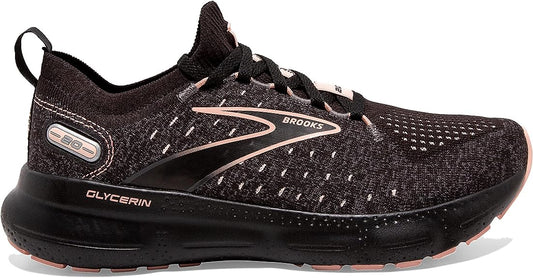 Women's Brooks Glycerin Stealthfit 20, Black/Pearl/Peach, 7 B Medium