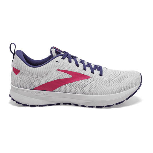 Women's Brooks Revel 5, White/Navy/Pink, 8.5 B Medium