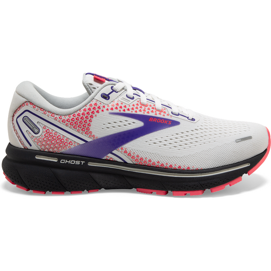 Women's Brooks Ghost 14, White/Purple/Coral, 11 B Medium