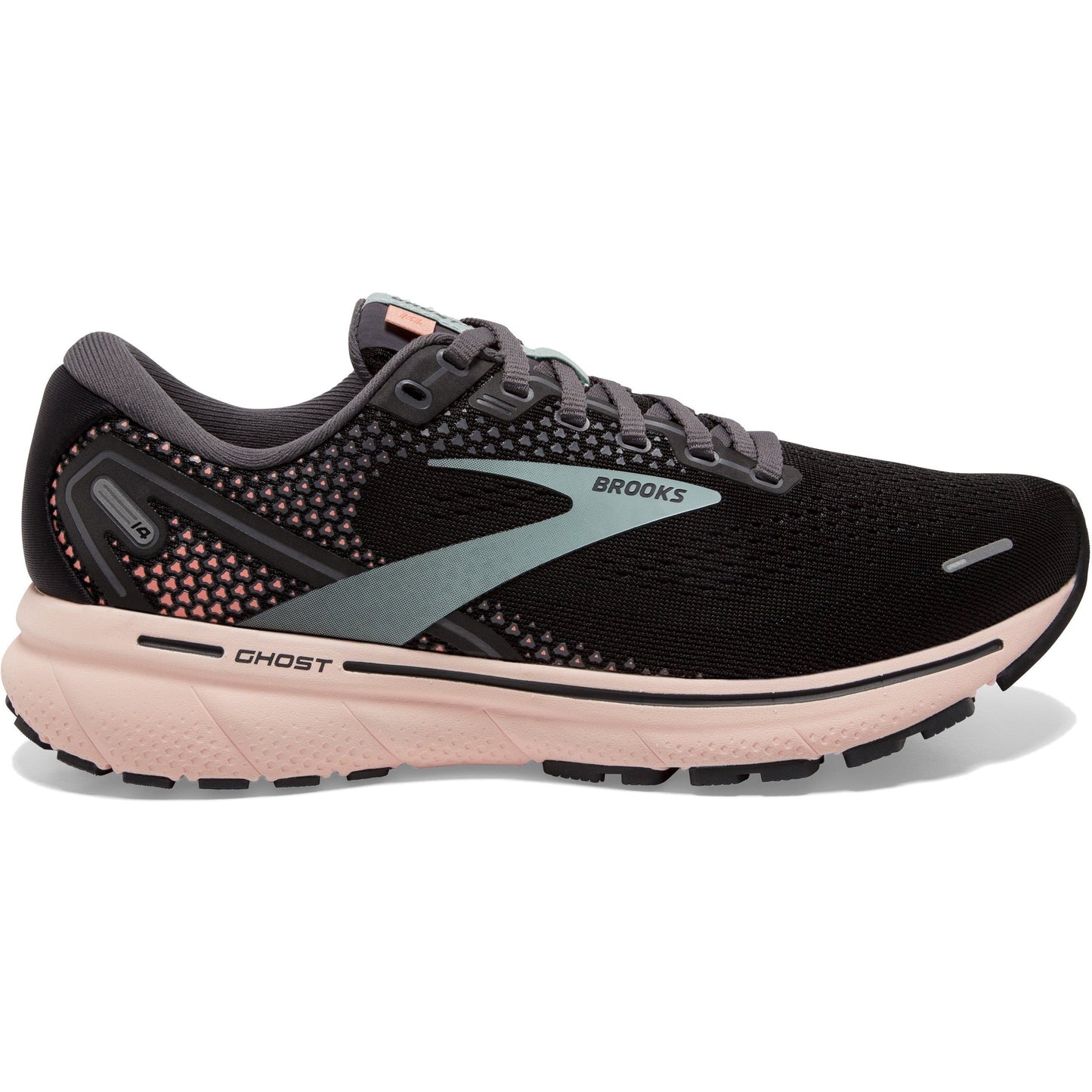 Women's Brooks Ghost 14, Black/Pearl/Peach, 9 B Medium