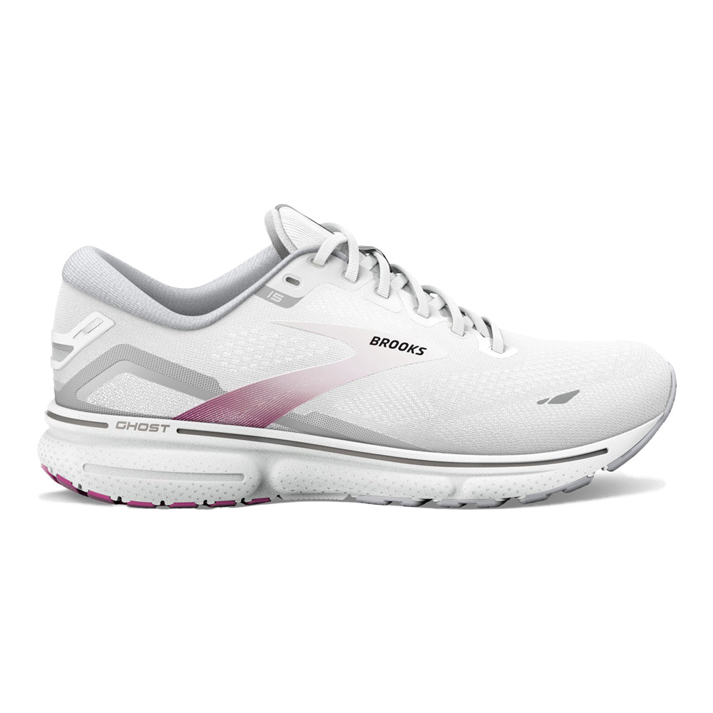 Women's Brooks Ghost 15, White/Oyster/Viola, 9.5 B Medium