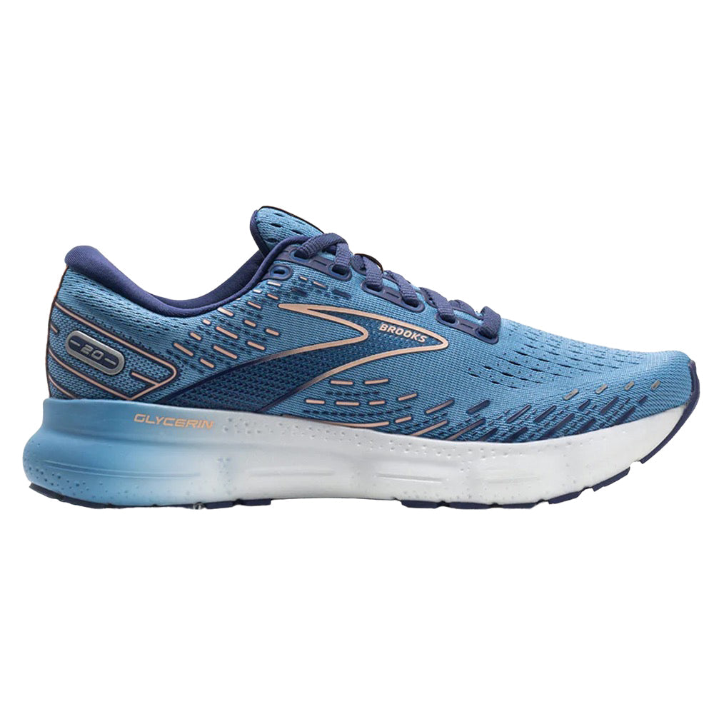 Women's Brooks Glycerin 20, Blissful Blue/Peach/White, 8 B Medium