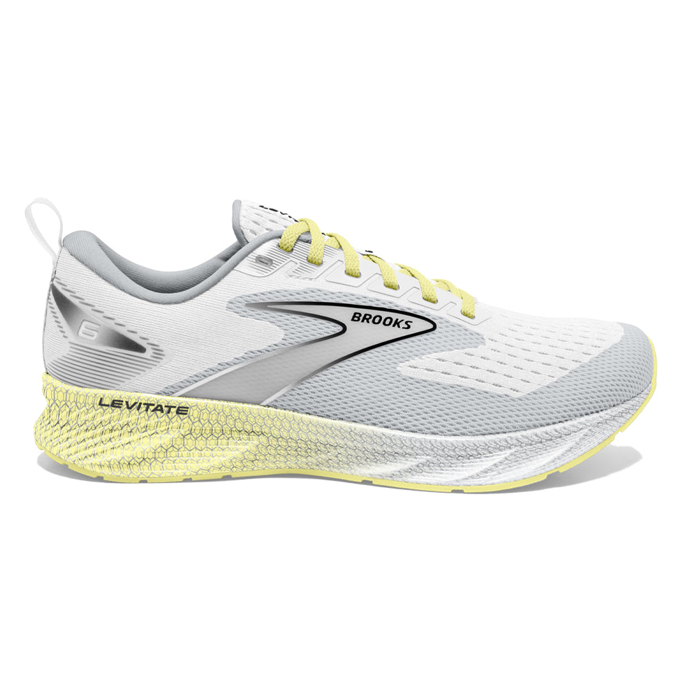 Women's Brooks Levitate 6, White/Oyster/Yellow, 7 B Medium
