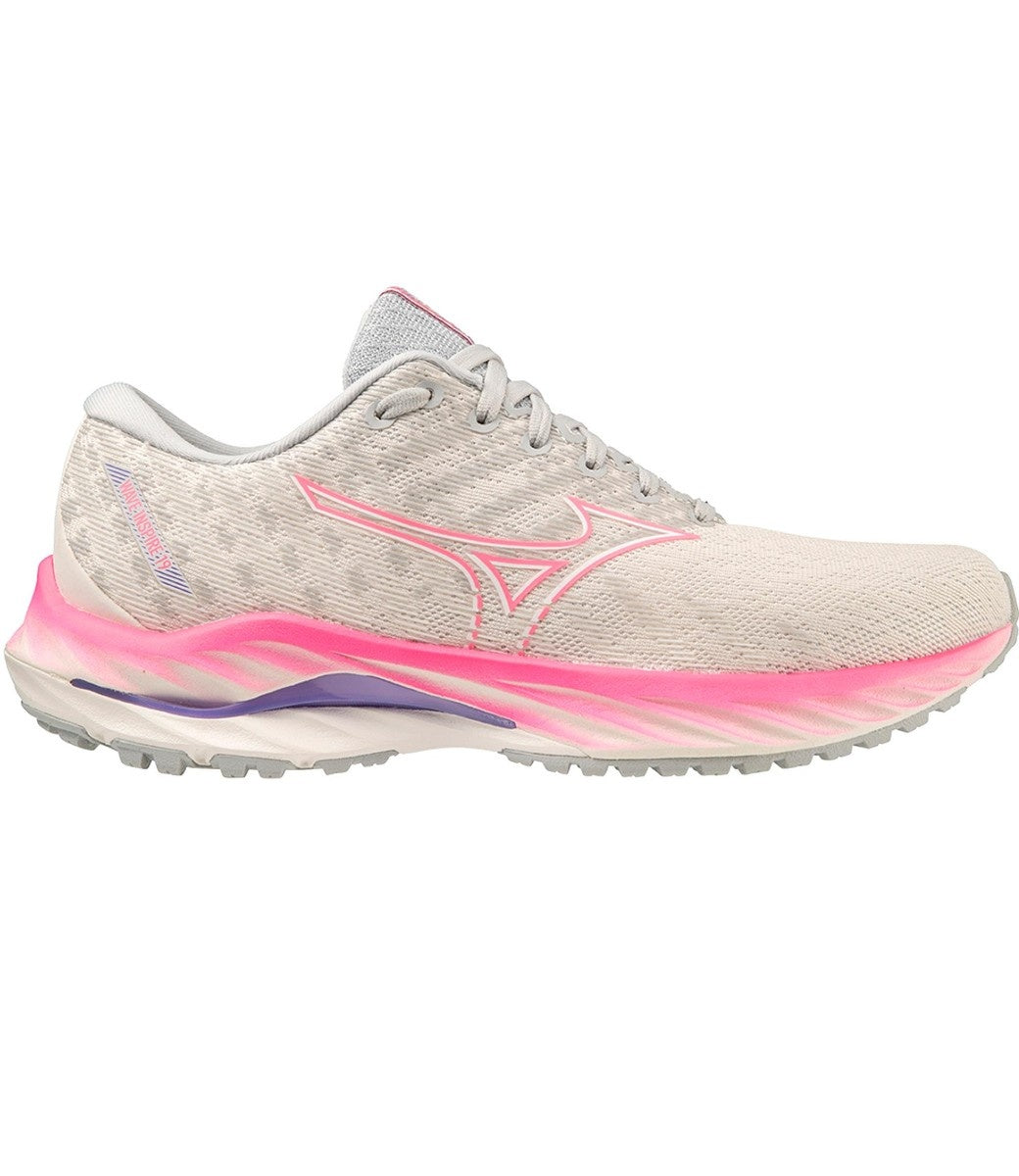 Women's Mizuno Wave Inspire 19, Snow White/High Vis Pink, 9.5 B Medium