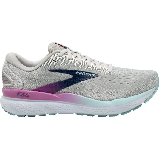 Women's Brooks Ghost 16, White/Grey/Estate Blue, 9 D Wide